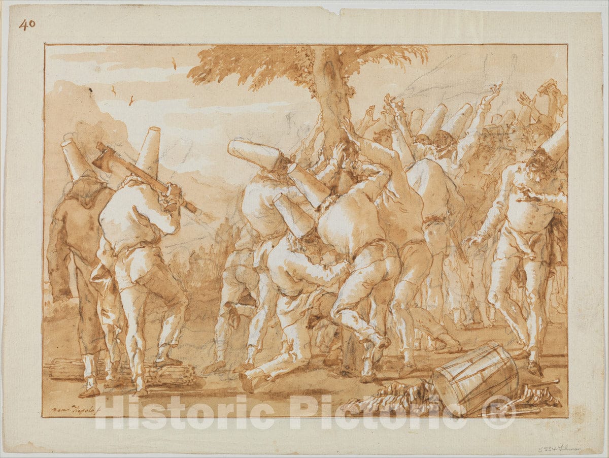 Art Print : Giovanni Domenico Tiepolo - Punchinellos Felling (or Planting) a Tree : Vintage Wall Art