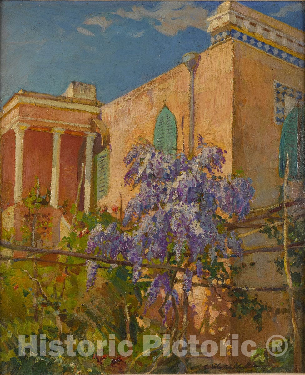 Art Print : Constantin Alexandrovitch Westchiloff - A House with Flowering Trees Along The Amalfi Coast of Italy : Vintage Wall Art