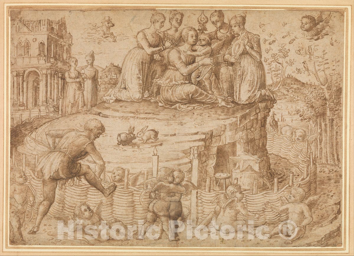 Art Print : Circle of Giovanni Bellini - Vulcan Building a Fence Around The Mount of Venus : Vintage Wall Art