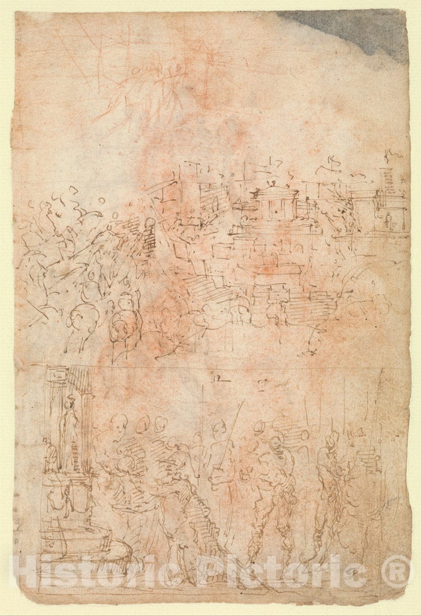 Art Print : Page from a Sketchbook Depicting a City Under Siege and a Scene of Homage - Artist: Domenico Beccafumi - Created: 1520s : Vintage Wall Art