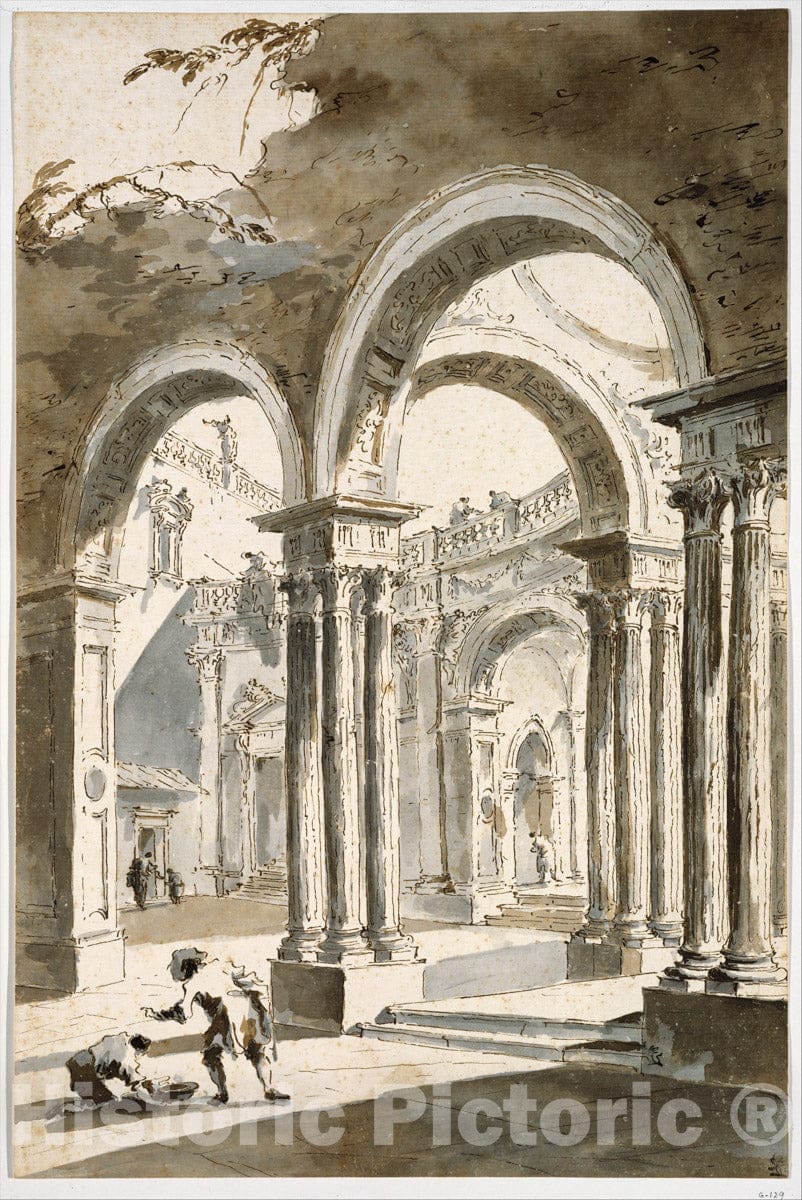 Art Print : Francesco Guardi - A Colonnade, Partly Ruined, with Figures : Vintage Wall Art