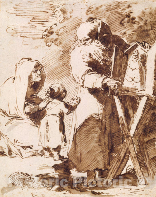 Art Print : Pietro Antonio Novelli - A Bearded Monk Showing a Portable Altar to a Praying Child, with an Old Woman Kneeling : Vintage Wall Art