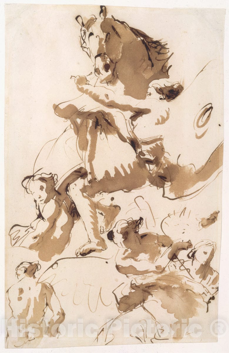 Art Print : Giovanni Battista Tiepolo - One of The Hours Holding The Bridle of a Horse of The Sun, and Other Figures : Vintage Wall Art
