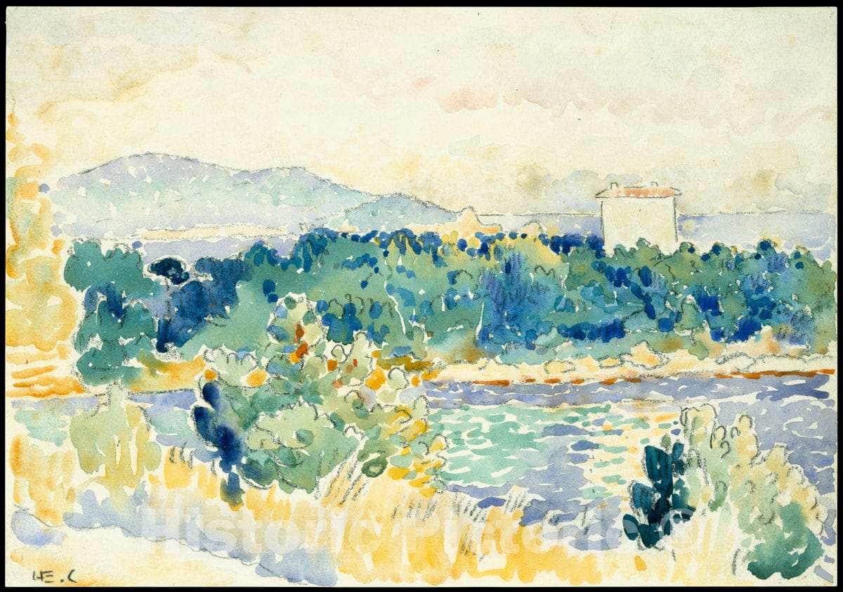 Art Print : Henri-Edmond Cross (Henri-Edmond Delacroix) - Mediterranean Landscape with a White House : Vintage Wall Art