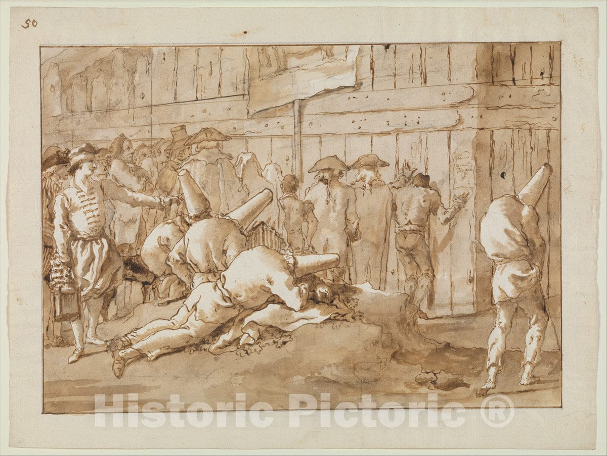 Art Print : Giovanni Domenico Tiepolo - Punchinellos Outside a Circus : Vintage Wall Art