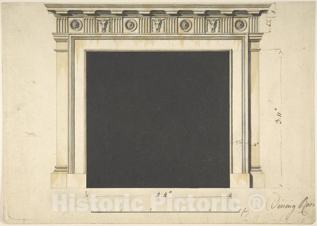 Art Print : Sir William Chambers - Design for a Chimneypiece with a Classical Cornice, for Ampthill Park, Bedfordshire, Dining Room : Vintage Wall Art