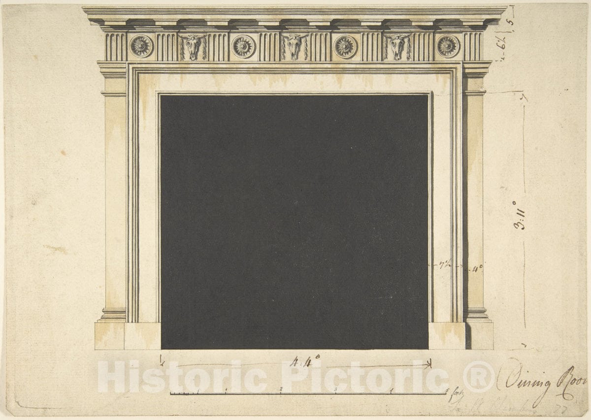 Art Print : Sir William Chambers - Design for a Chimneypiece with a Classical Cornice, for Ampthill Park, Bedfordshire, Dining Room : Vintage Wall Art