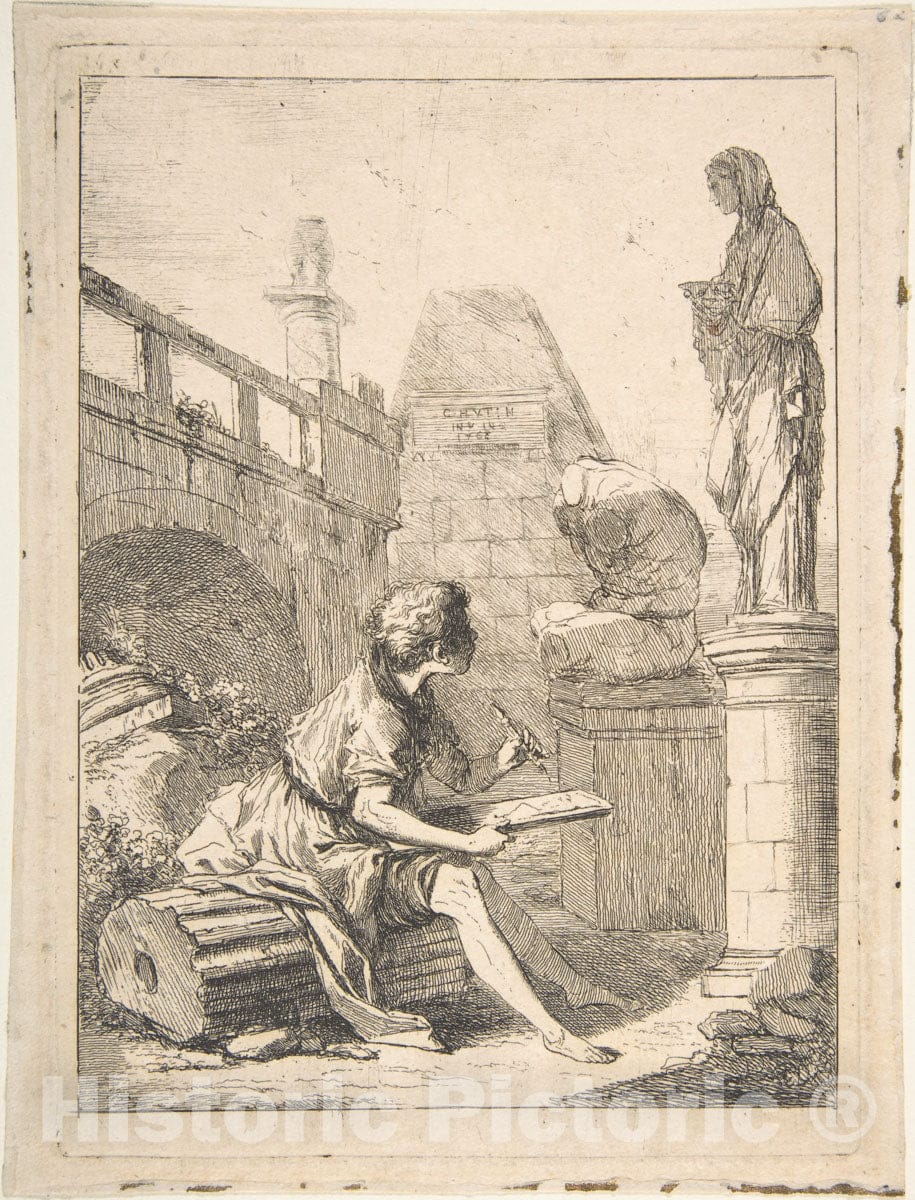 Art Print : Charles Hutin - Boy Sketching Ruins : Vintage Wall Art