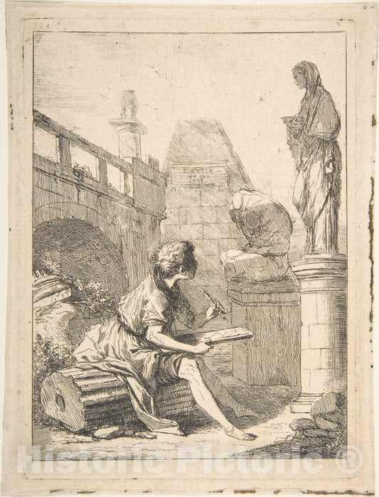 Art Print : Charles Hutin - Boy Sketching Ruins : Vintage Wall Art