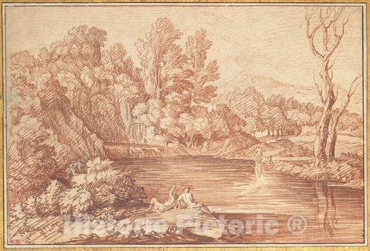 Art Print : Gaspard Dughet - Landscape with Figures on The Bank of a River : Vintage Wall Art