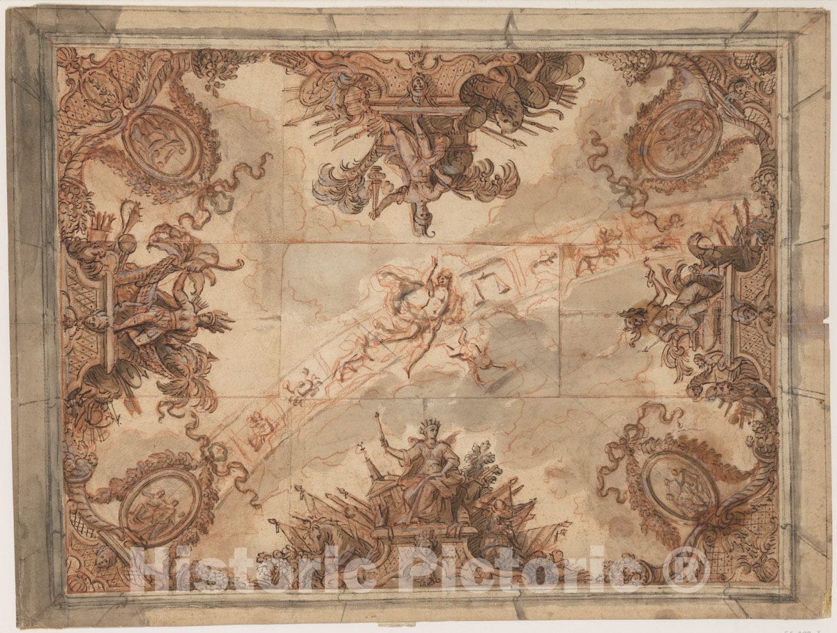 Art Print : French, 17th Century - Ceiling Decoration with The Four Continents and The Signs of The Zodiac : Vintage Wall Art