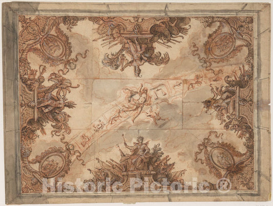 Art Print : French, 17th Century - Ceiling Decoration with The Four Continents and The Signs of The Zodiac : Vintage Wall Art