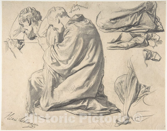 Art Print : Henri Lehmann - Kneeling Draped Male Figure, Facing Left : Vintage Wall Art