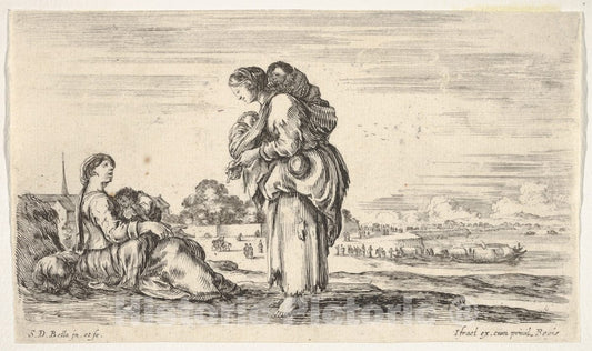 Art Print : A Woman Seated to Left Holding a Child, Facing Right in Profile - Artist: Stefano Della Bella - Created: 1649 v.1 : Vintage Wall Art