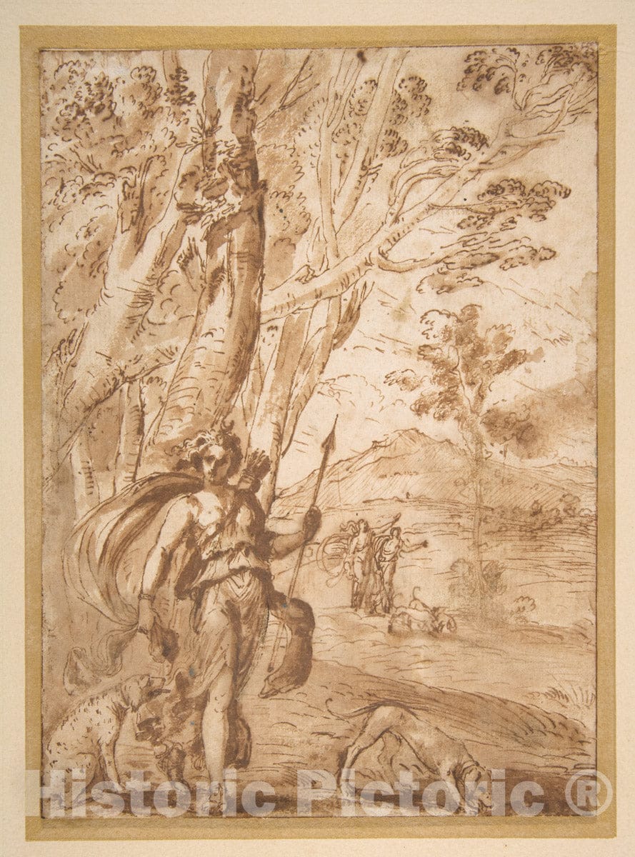 Art Print : Agostino Tassi - The Goddess Diana with Her Hounds Standing in a Landscape. : Vintage Wall Art