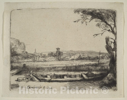 Art Print : Rembrandt (Rembrandt Van Rijn) - Canal with a Large Boat and a Bridge : Vintage Wall Art