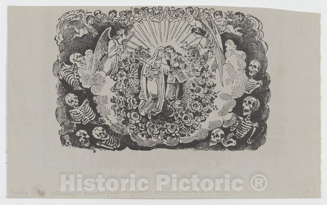 Art Print : José Guadalupe Posada - A Female Saint Standing with a Cavalier and Surrounded by Angels and Skeletons : Vintage Wall Art