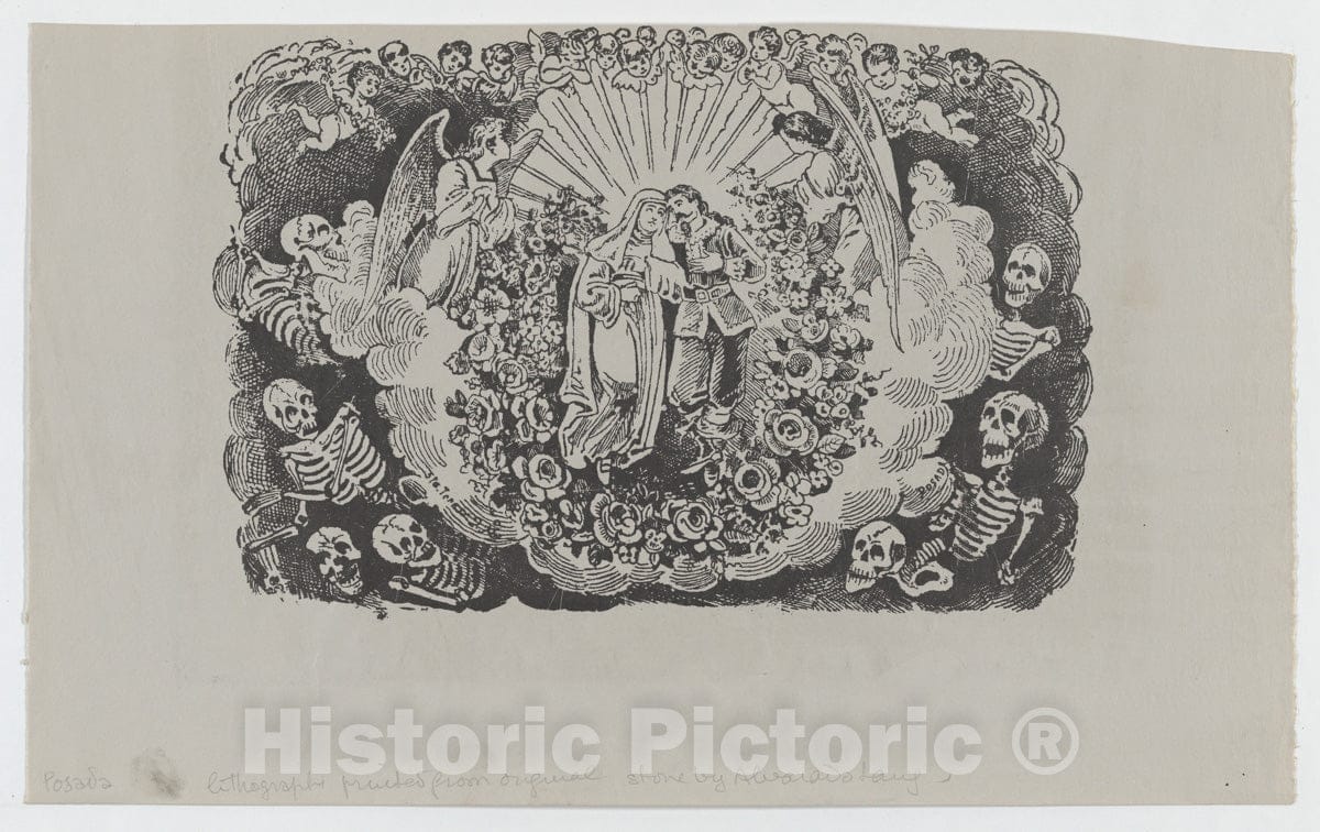 Art Print : José Guadalupe Posada - A Female Saint Standing with a Cavalier and Surrounded by Angels and Skeletons : Vintage Wall Art