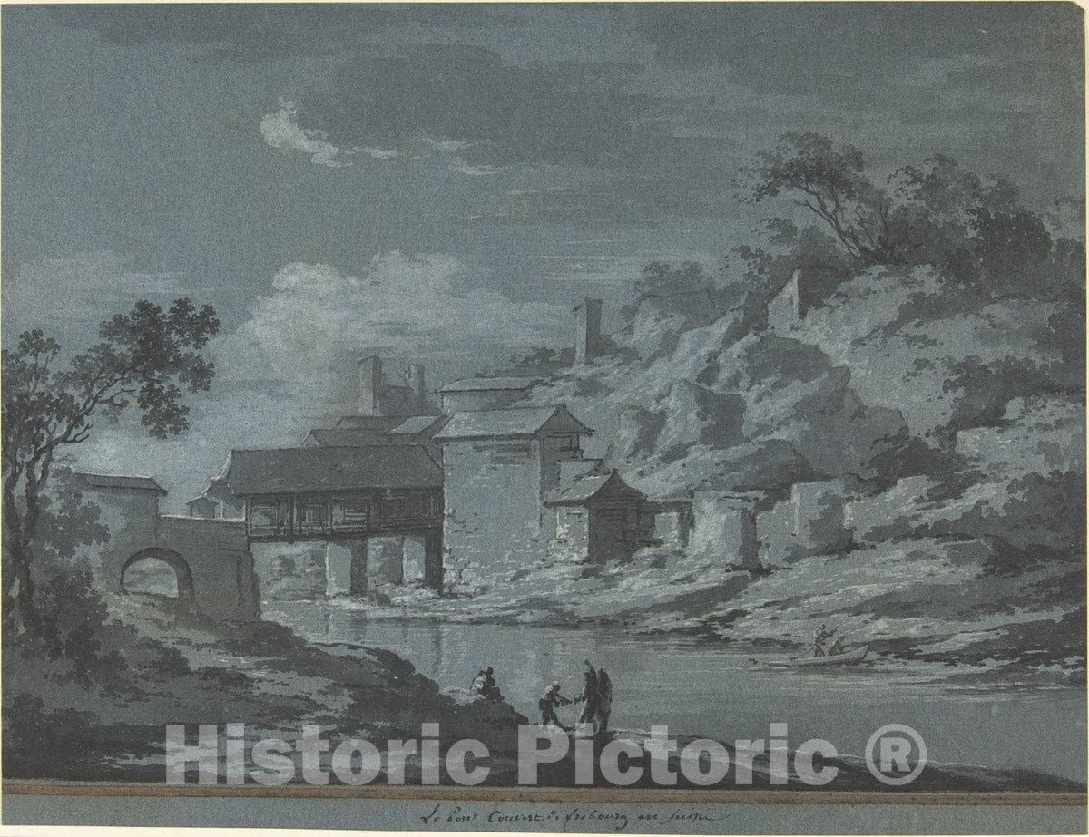 Art Print : Claude Louis Châtelet - The Covered Bridge at Fribourg : Vintage Wall Art
