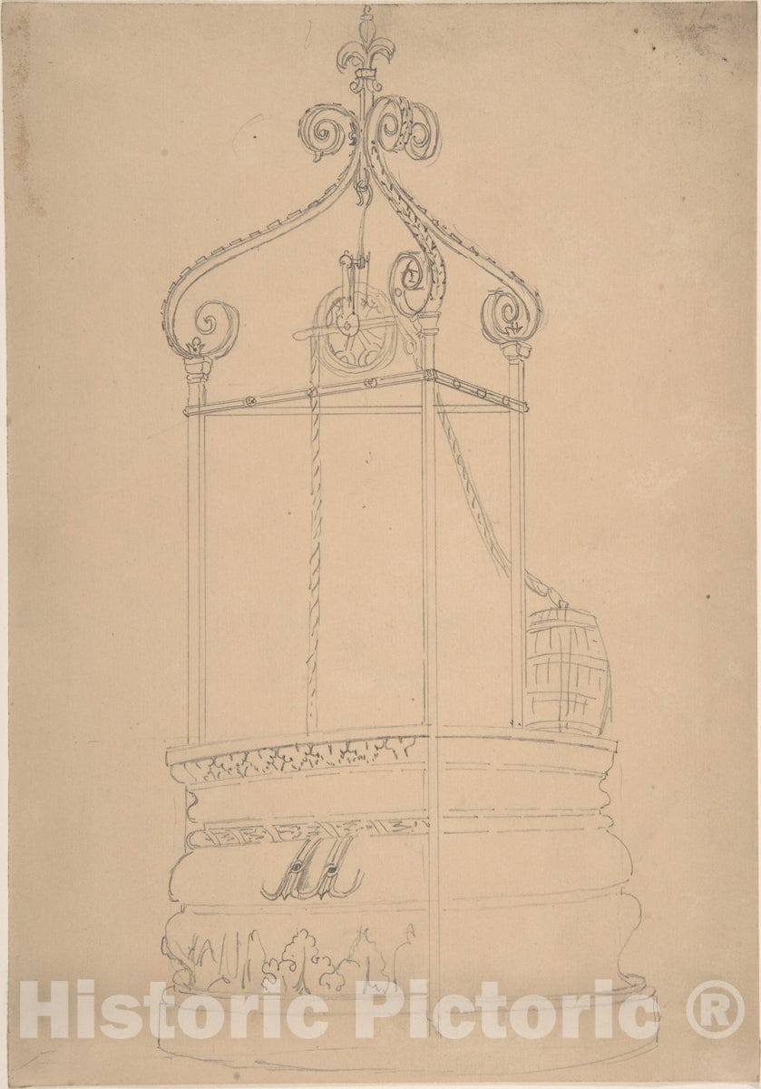 Art Print : British, 19th Century - Well with Wrought Iron Cap and Stone Base : Vintage Wall Art
