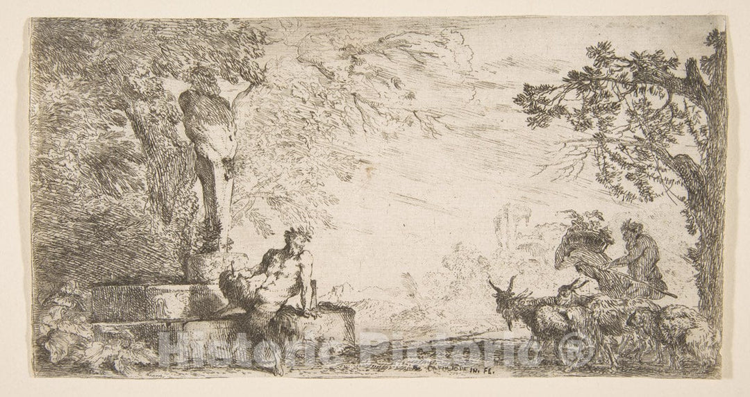 Art Print : Giovanni Benedetto Castiglione (Il Grechetto) - A Satyr Reclining at The Foot of a staute of Priapus, Goats at The Right 1 : Vintage Wall Art