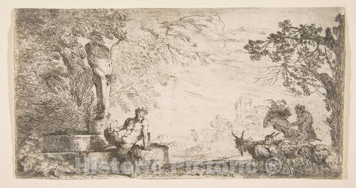 Art Print : Giovanni Benedetto Castiglione (Il Grechetto) - A Satyr Reclining at The Foot of a staute of Priapus, Goats at The Right 1 : Vintage Wall Art