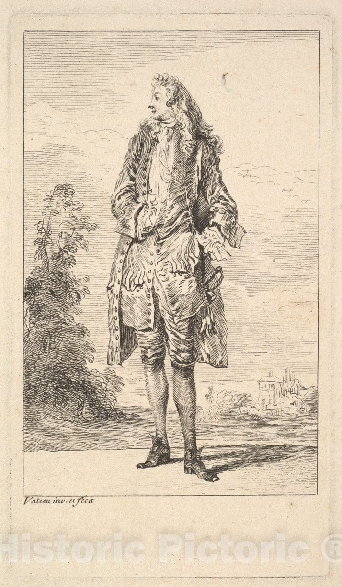 Art Print : Standing Man with Right Hand Tucked into his Waistcoat - Artist: Antoine Watteau - Created: c1710 : Vintage Wall Art