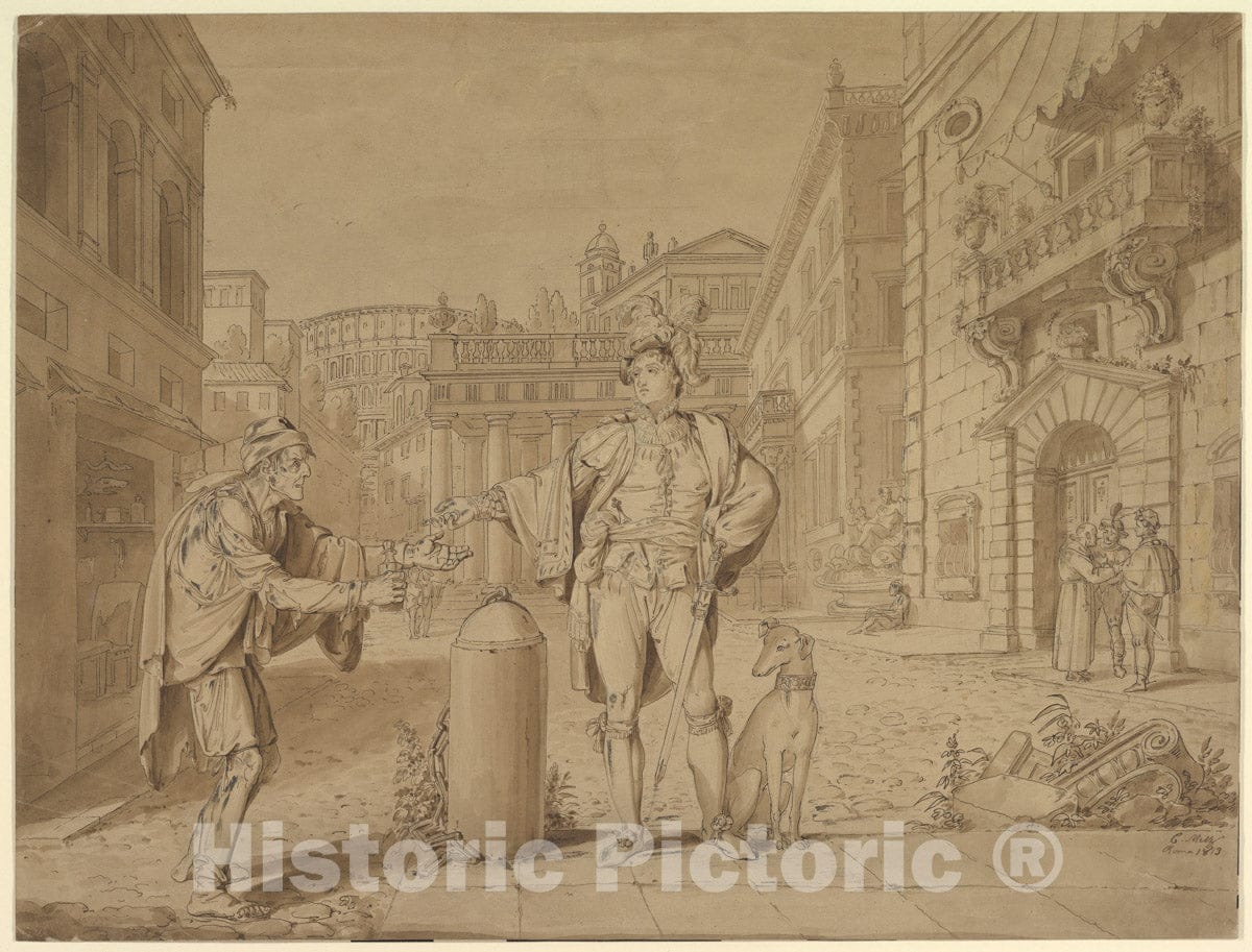 Art Print : Conrad Martin Metz - Nobleman Giving Alms to Beggar in Piazza Near The Coliseum : Vintage Wall Art