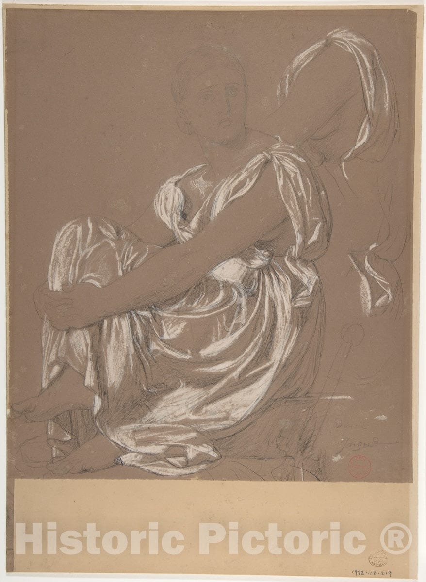 Art Print : Jean Auguste Dominique Ingres - Seated Female Figure. Study for The Figure of The Iliad in: The Apotheosis of Homer : Vintage Wall Art