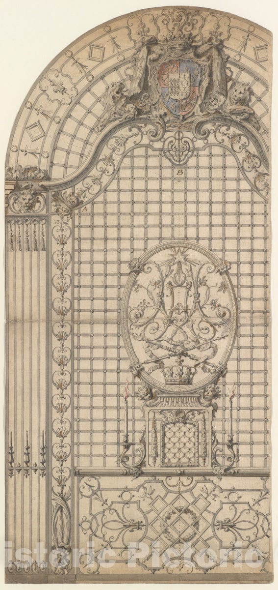 Art Print : Gilles-Marie Oppenord - Design for The Wrought-Iron Entrance Grille of a Chapel : Vintage Wall Art