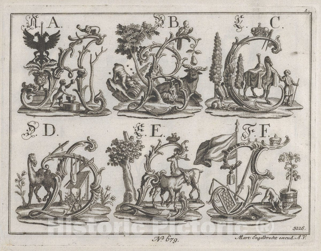 Art Print : Martin Engelbrecht - Decorated Roman Alphabet : Vintage Wall Art