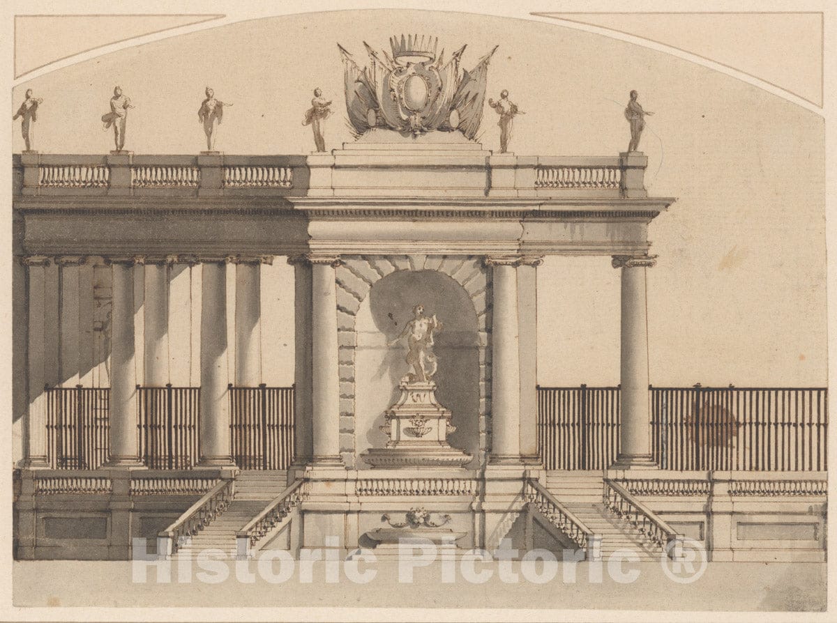 Art Print : Italian, Second Half of The 18th Century - Colonnade and Fountain with a Crowned Armorial Shield : Vintage Wall Art