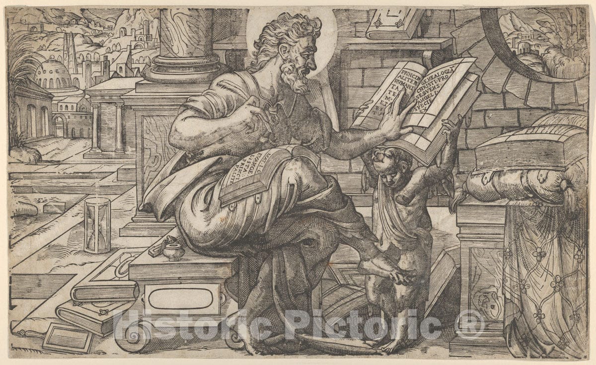 Art Print : Saint Matthew Seated and Reading from a Book held by a putto - Artist: Rue de Montorgueil - Created: 1565–75 : Vintage Wall Art