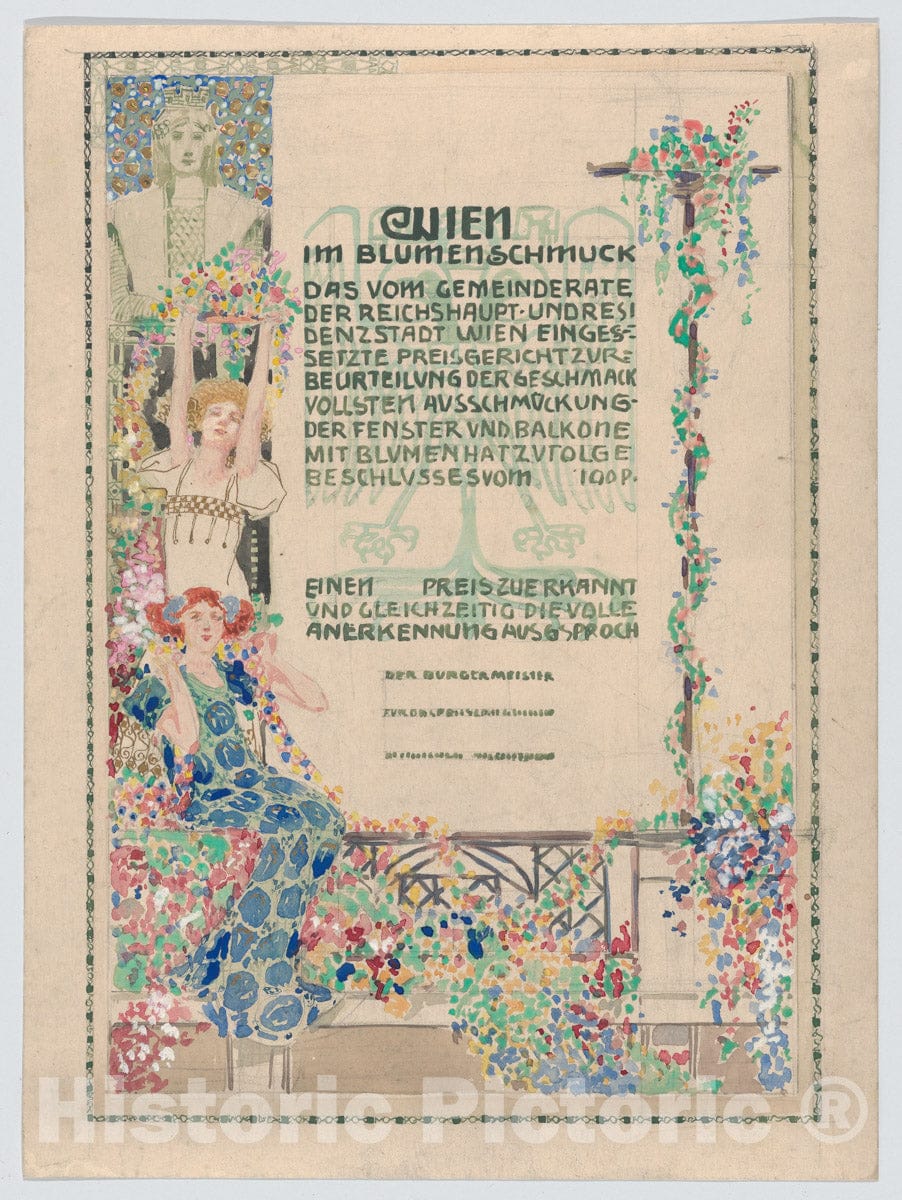 Art Print : Design for a Certificate, Awarded by The City of Vienna for The Most Beautiful Floral Balcony ations (Balcony Below Text) - Artist: Erwin Puchinger - : Vintage Wall Art