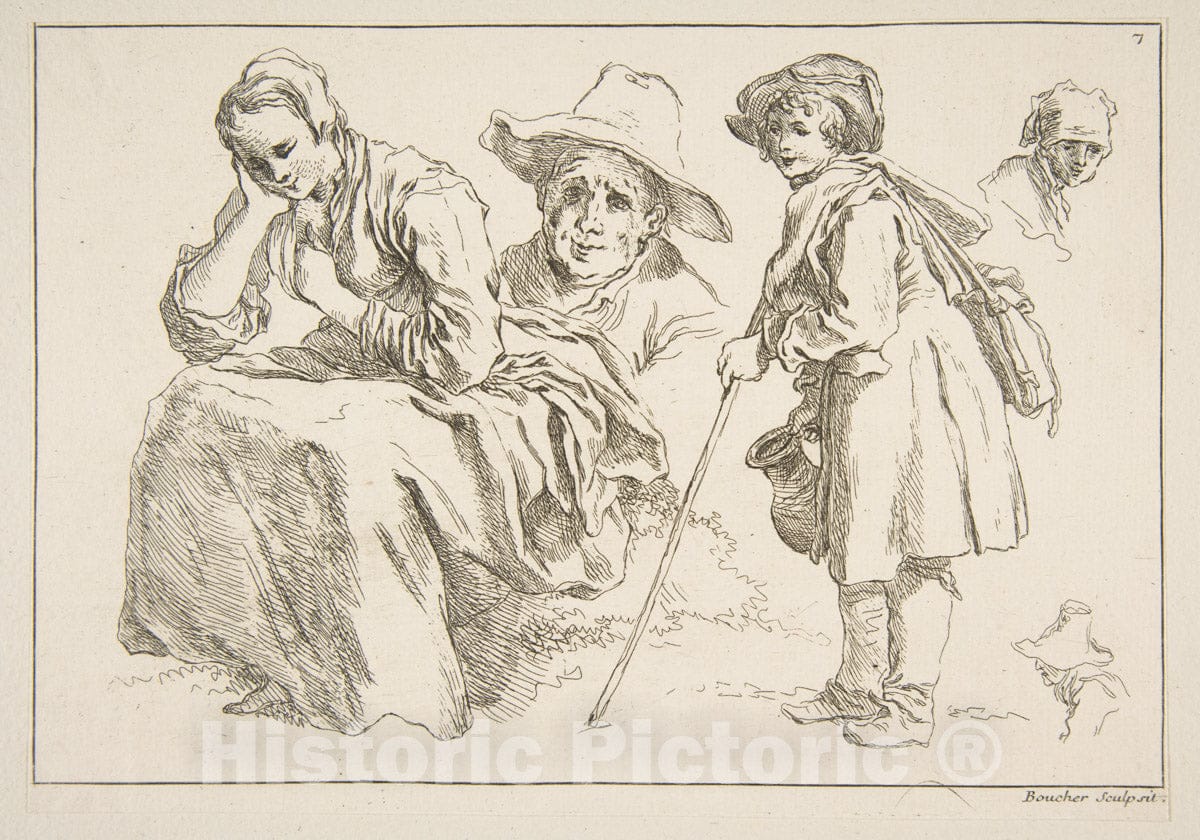 Art Print : François Boucher - Sheet of Sketches 2 : Vintage Wall Art
