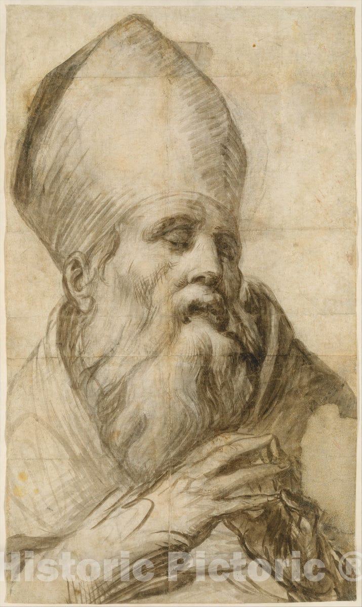 Art Print : Parmigianino (Girolamo Francesco Maria Mazzola) - Bishop Saint in Bust-Length (Cartoon for an Altarpiece) : Vintage Wall Art
