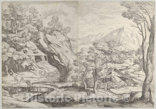 Art Print : Anonymous, Italian, 16th Century - Landscape with a Town in The Background at The Right, a Winding Road in The Foreground : Vintage Wall Art