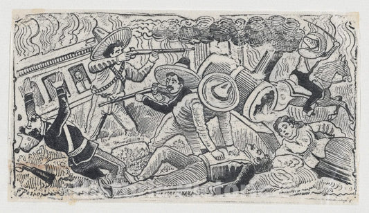 Art Print : José Guadalupe Posada - Emiliano Zapata's Supporters Attacking a Train, Scene from The Mexican Revolution : Vintage Wall Art