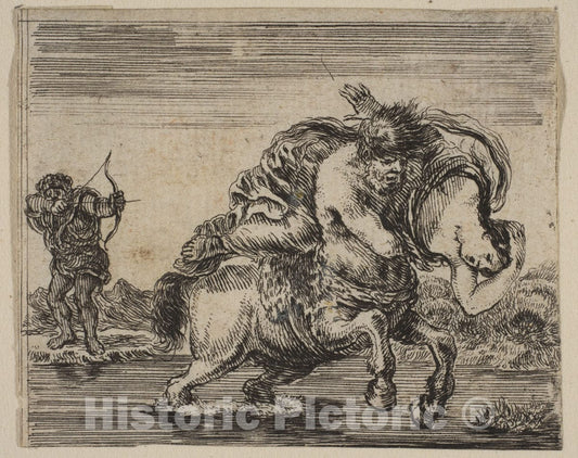Art Print : Etched by Stefano Della Bella - Hercules and Deianira, from 'Game of Mythology' (Jeu de la Mythologie) : Vintage Wall Art