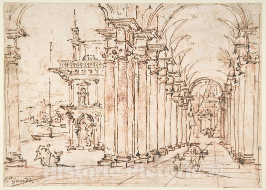Art Print : Francesco Guardi - Architectural Capriccio: Vaulted Colonnade of a Palace : Vintage Wall Art