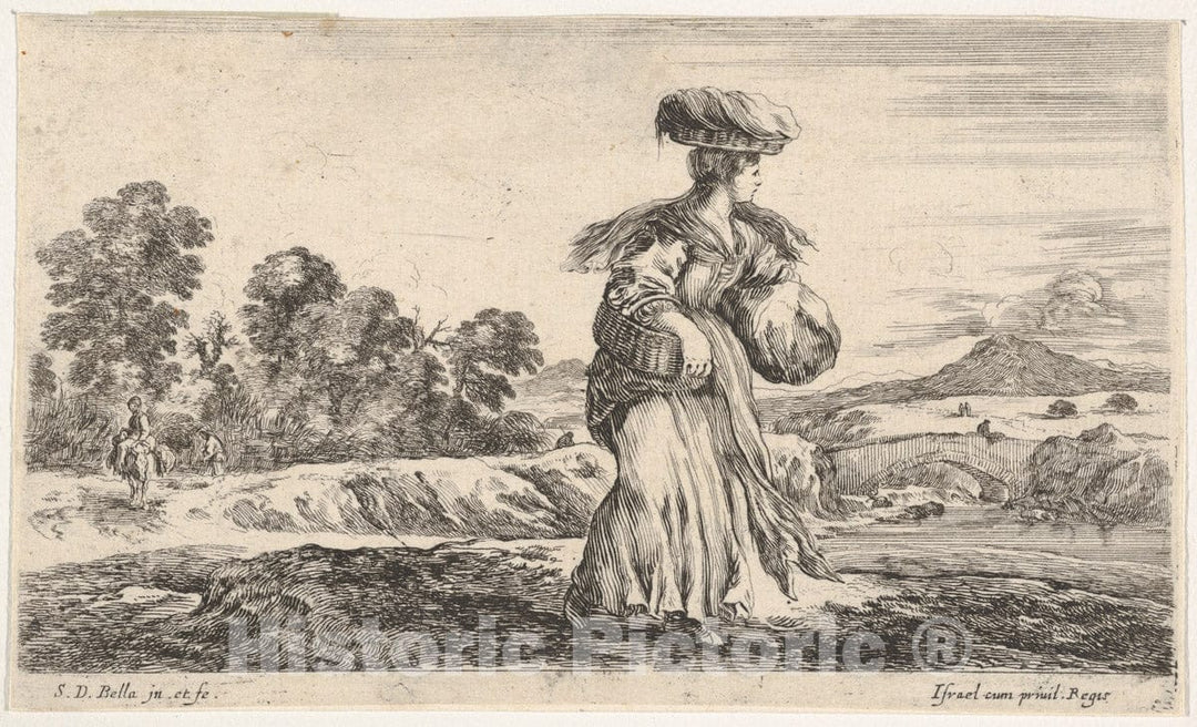 Art Print : A Peasant Woman, Standing in Center Facing Right - Artist: Stefano Della Bella - Created: 1649 : Vintage Wall Art