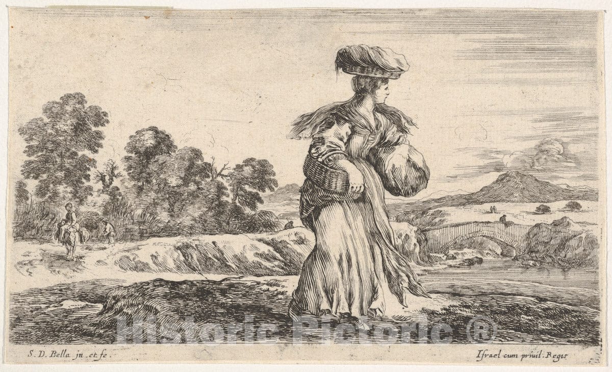 Art Print : A Peasant Woman, Standing in Center Facing Right - Artist: Stefano Della Bella - Created: 1649 : Vintage Wall Art