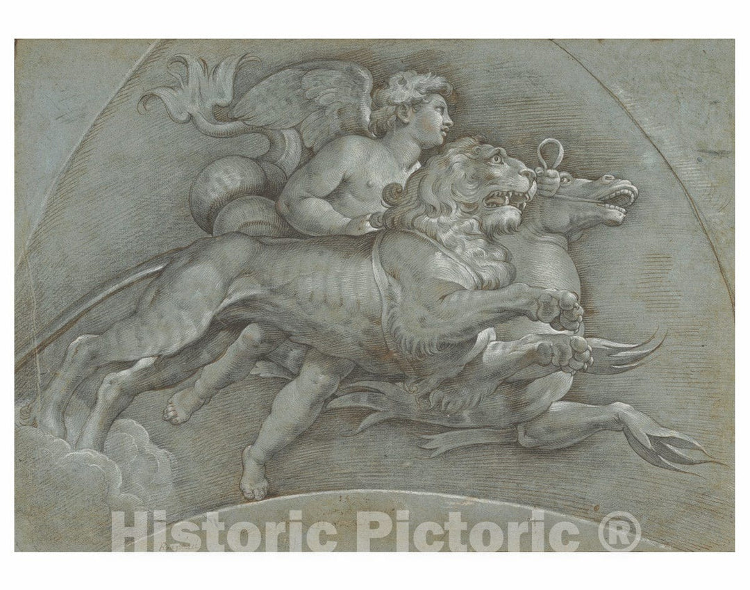 Art Print : Denijs Calvaert - A Winged Putto Riding a Sea Horse and a Lion (After Raphael)