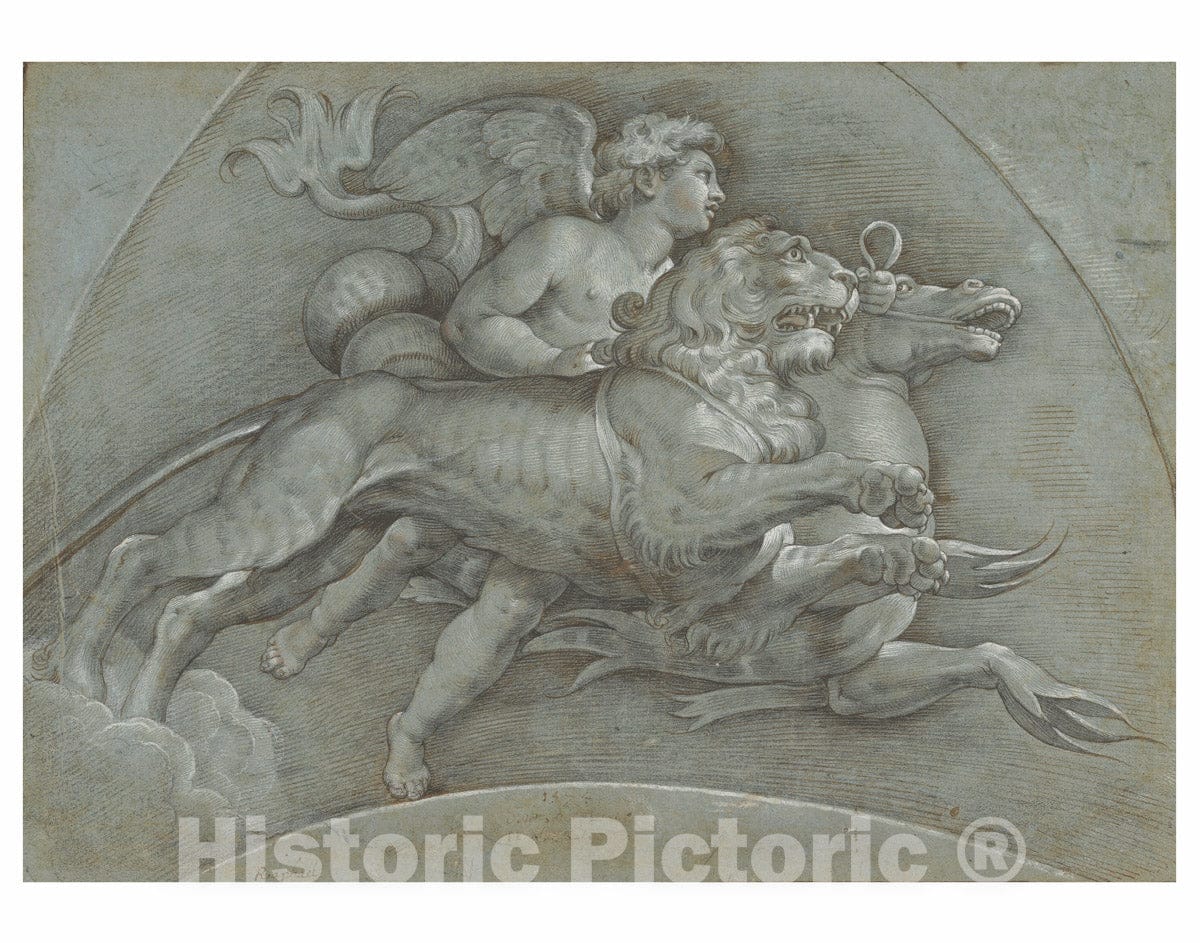Art Print : Denijs Calvaert - A Winged Putto Riding a Sea Horse and a Lion (After Raphael)