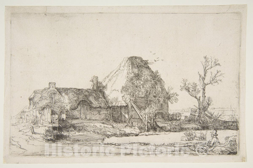 Art Print : Rembrandt (Rembrandt Van Rijn) - Cottages and Farm Buildings with a Man Sketching : Vintage Wall Art