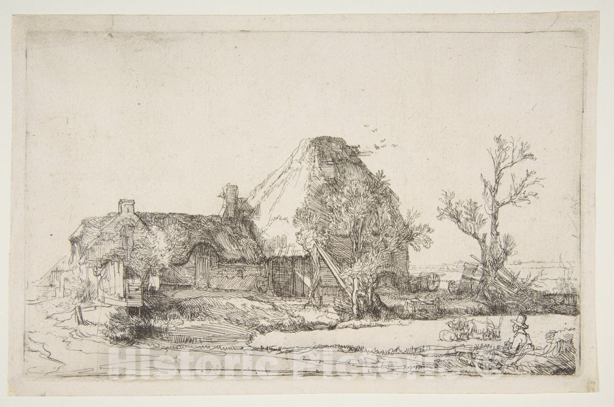 Art Print : Rembrandt (Rembrandt Van Rijn) - Cottages and Farm Buildings with a Man Sketching : Vintage Wall Art
