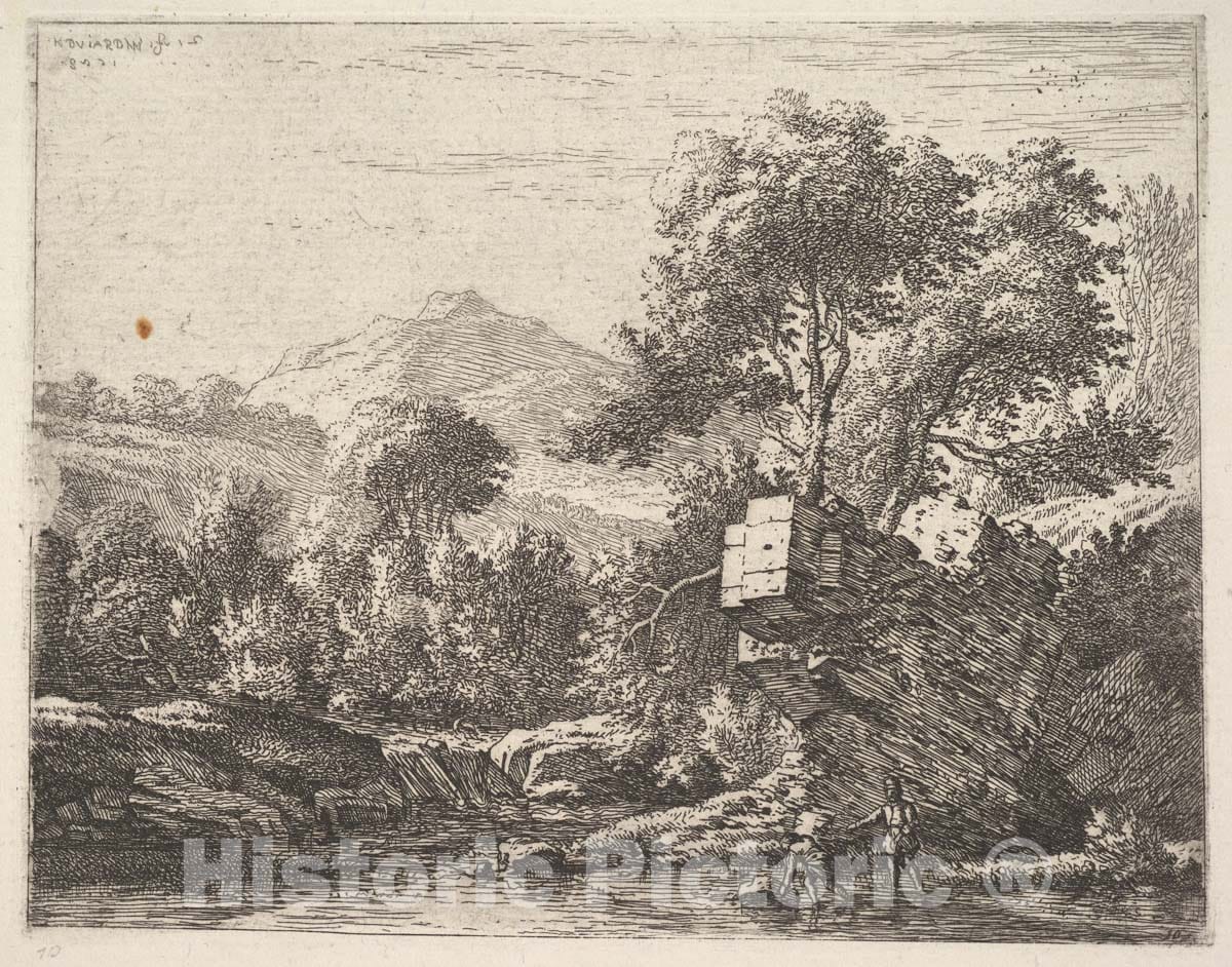 Art Print : Karel Dujardin - Two Men Standing Ankle-deep in a Body of Water with a Rocky Outcrop Behind Them, to The Left a Rocky Bank, Trees and a Hilltop Beyond : Vintage Wall Art