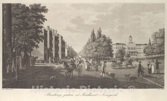 Art Print : Carl Fredrik Akrell - Broadway and City Hall in New York (Brodway-Gatan Och Rådhuset i New York) : Vintage Wall Art