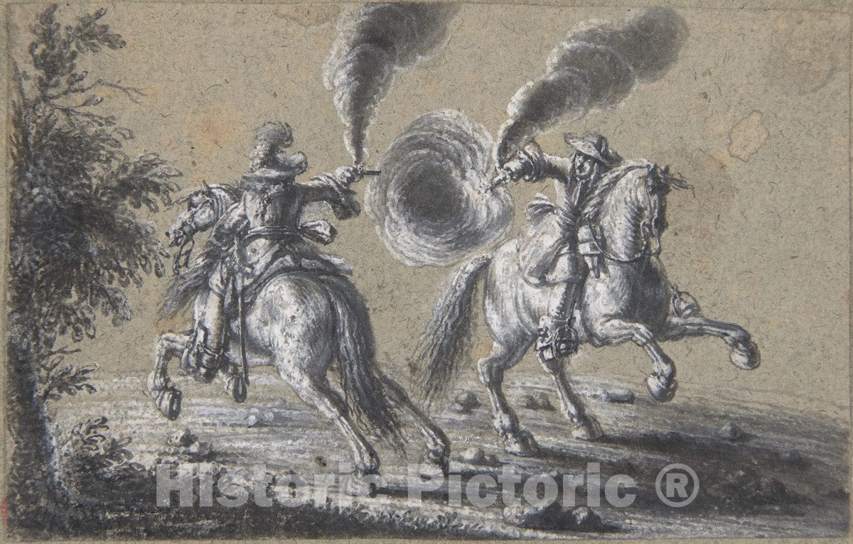 Art Print : Heinrich Werdmüller - Two Horsemen Shooting at Each Other : Vintage Wall Art