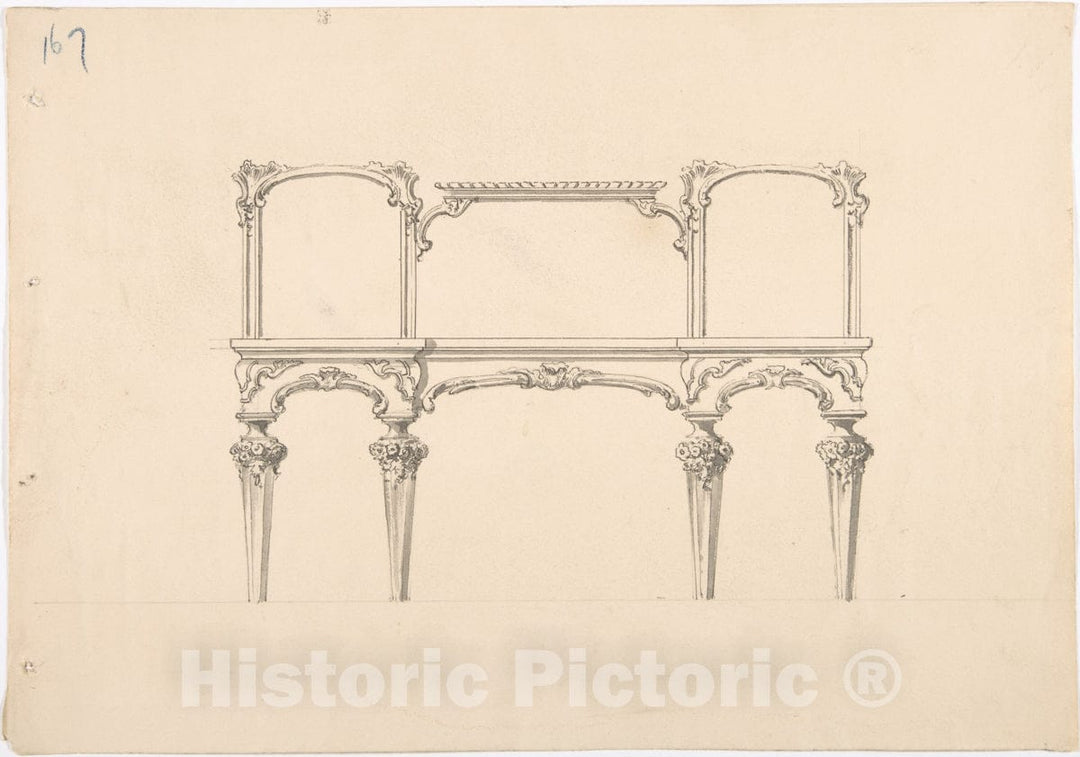 Art Print : British, 19th Century - Design for a Mirrored Sideboard with Diminishing Legs, Floral and Rocaille Ornament 2 : Vintage Wall Art